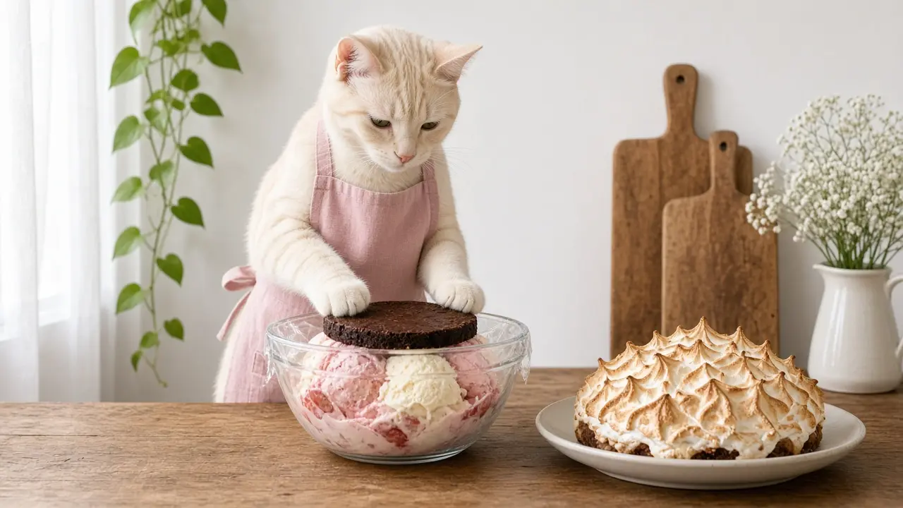 A cream-coloured cat in a pink apron, cooking this dish