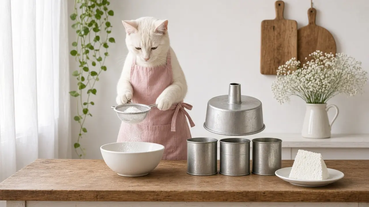 A cream-coloured cat in a pink apron, cooking this dish