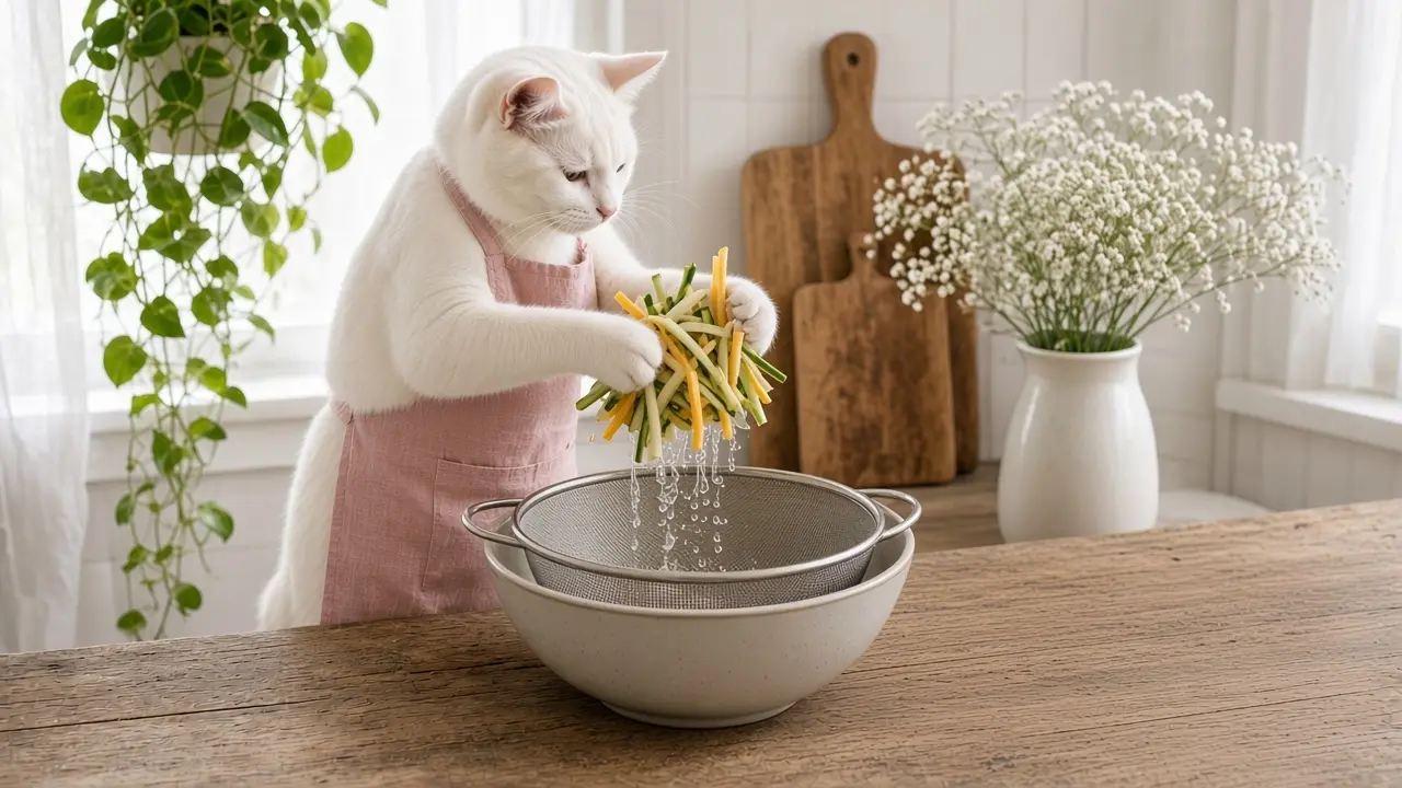 A cream-coloured cat in a pink apron, cooking this dish