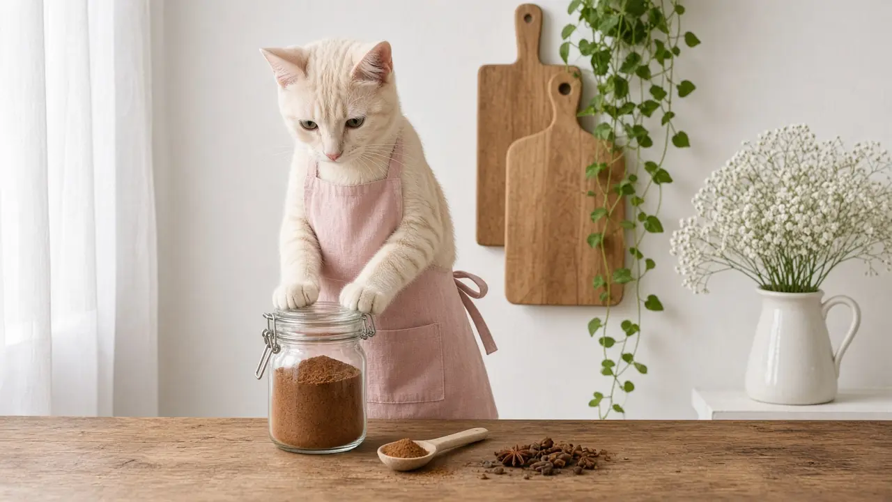 A cream-coloured cat in a pink apron, cooking this dish