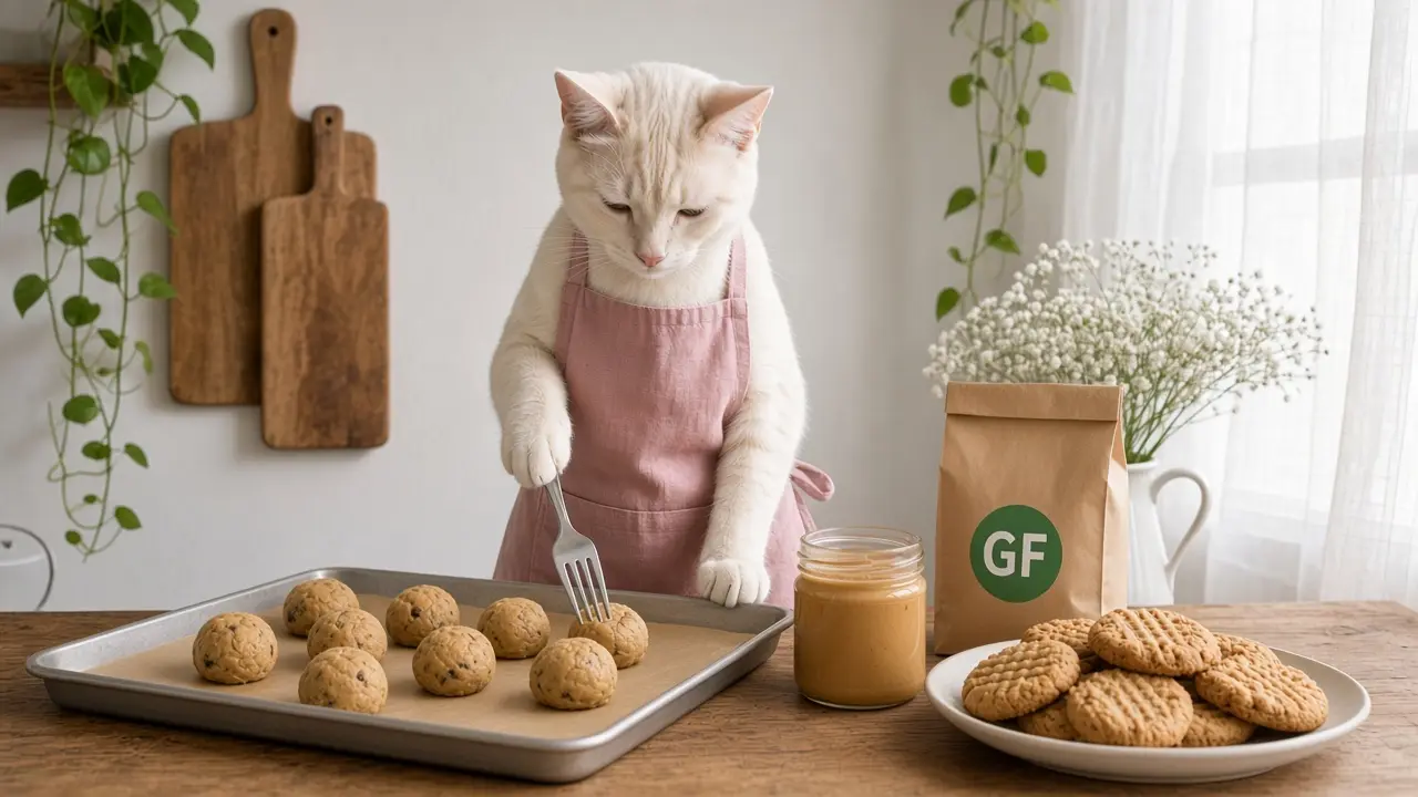 A cream-coloured cat in a pink apron, cooking this dish