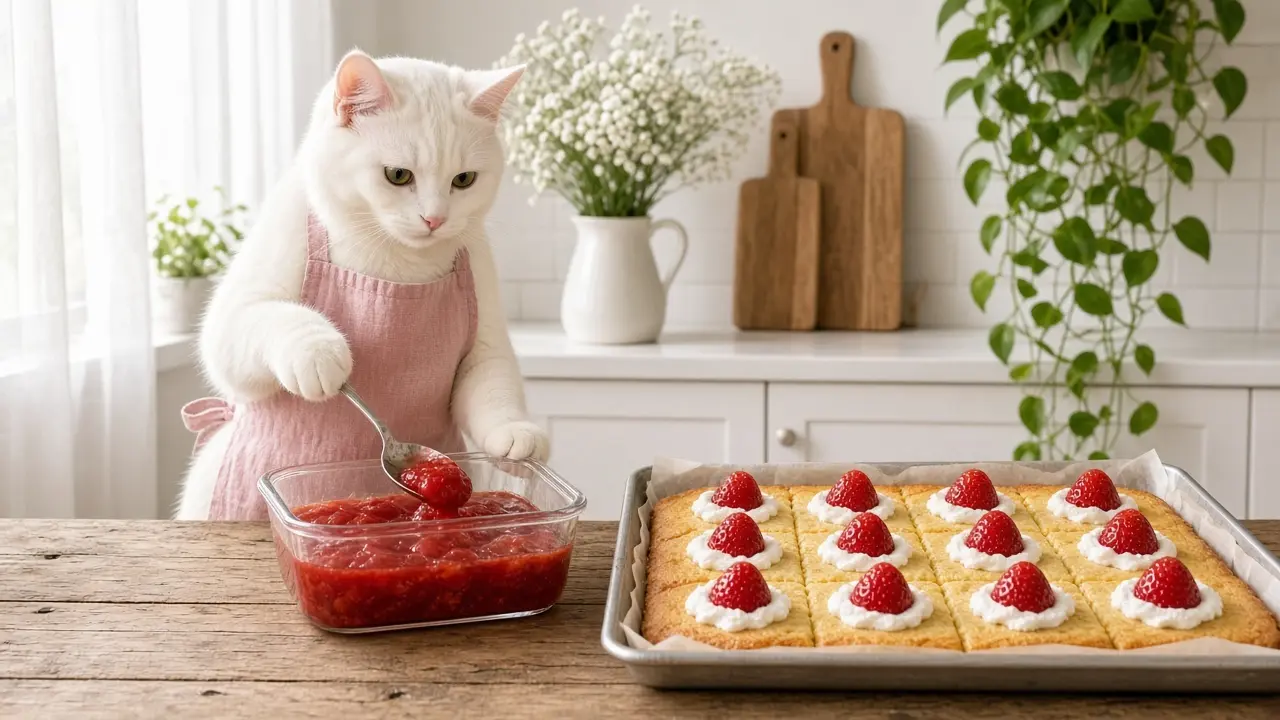A cream-coloured cat in a pink apron, cooking this dish