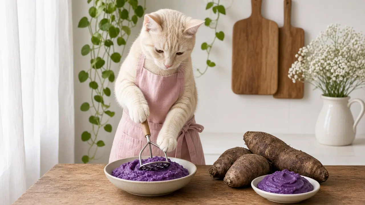 A cream-coloured cat in a pink apron, cooking this dish