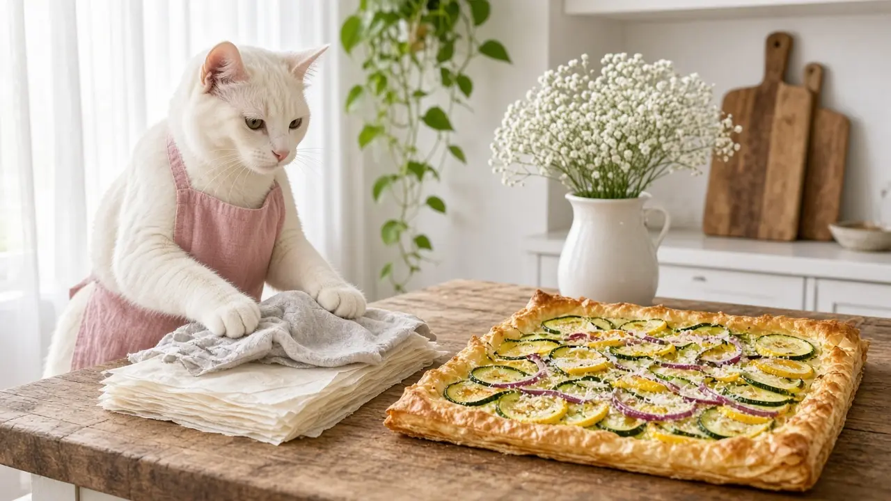 A cream-coloured cat in a pink apron, cooking this dish