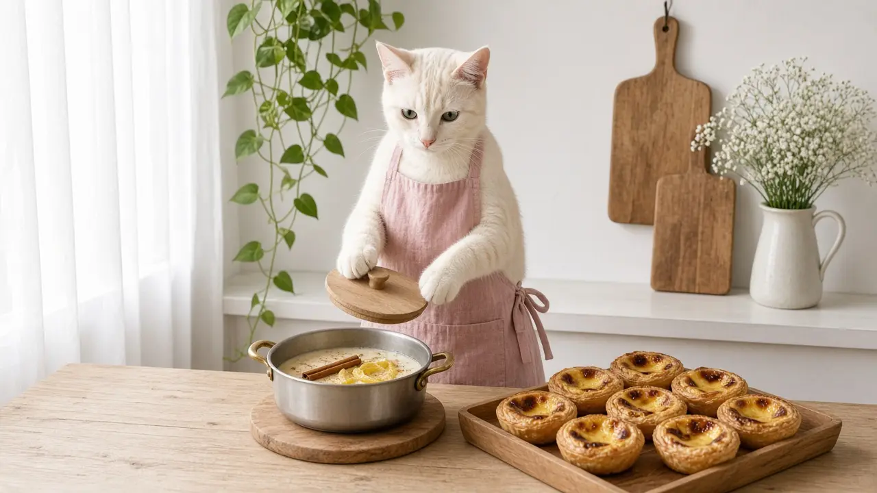 A cream-coloured cat in a pink apron, cooking this dish