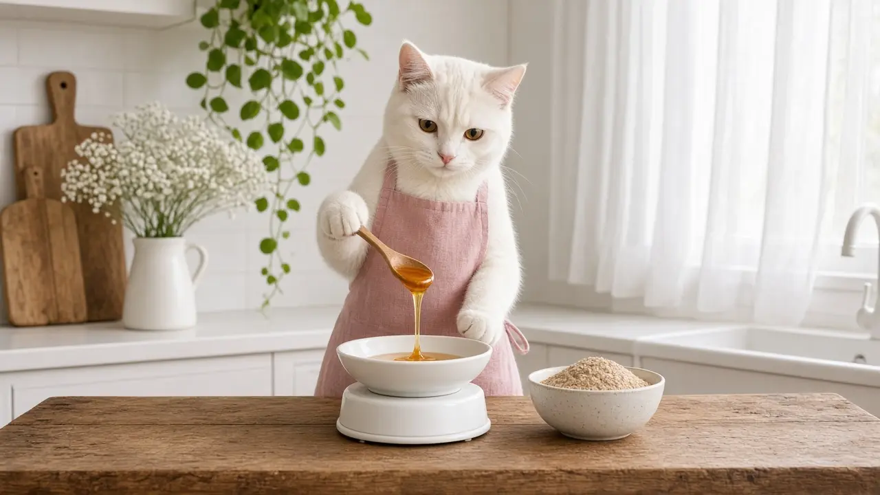 A cream-coloured cat in a pink apron, cooking this dish