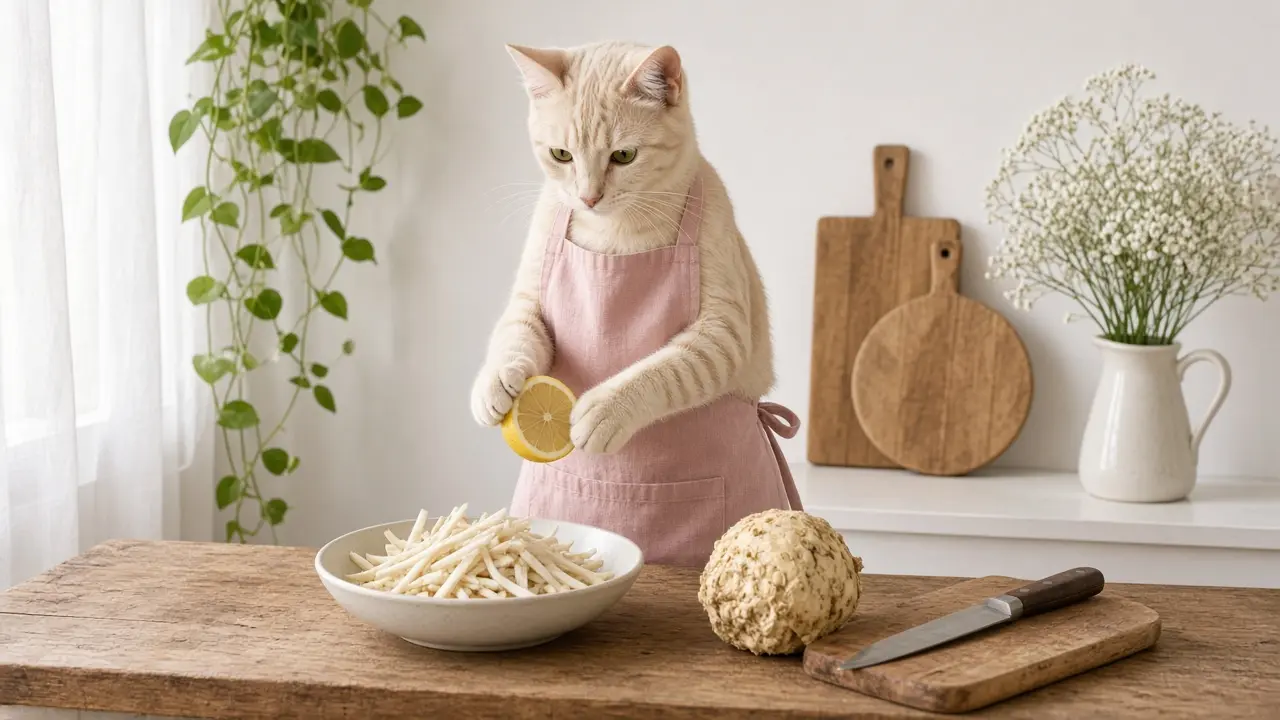 A cream-coloured cat in a pink apron, cooking this dish