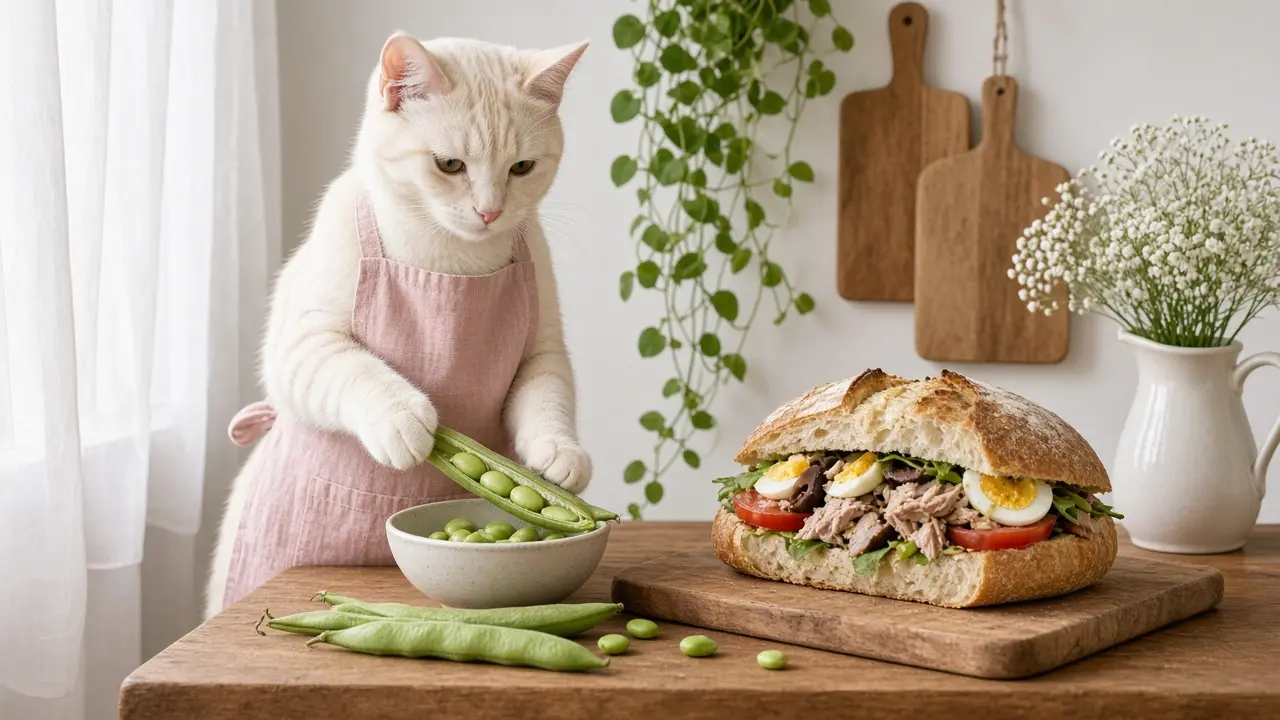 A cream-coloured cat in a pink apron, cooking this dish