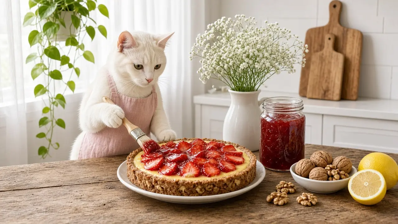A cream-coloured cat in a pink apron, cooking this dish