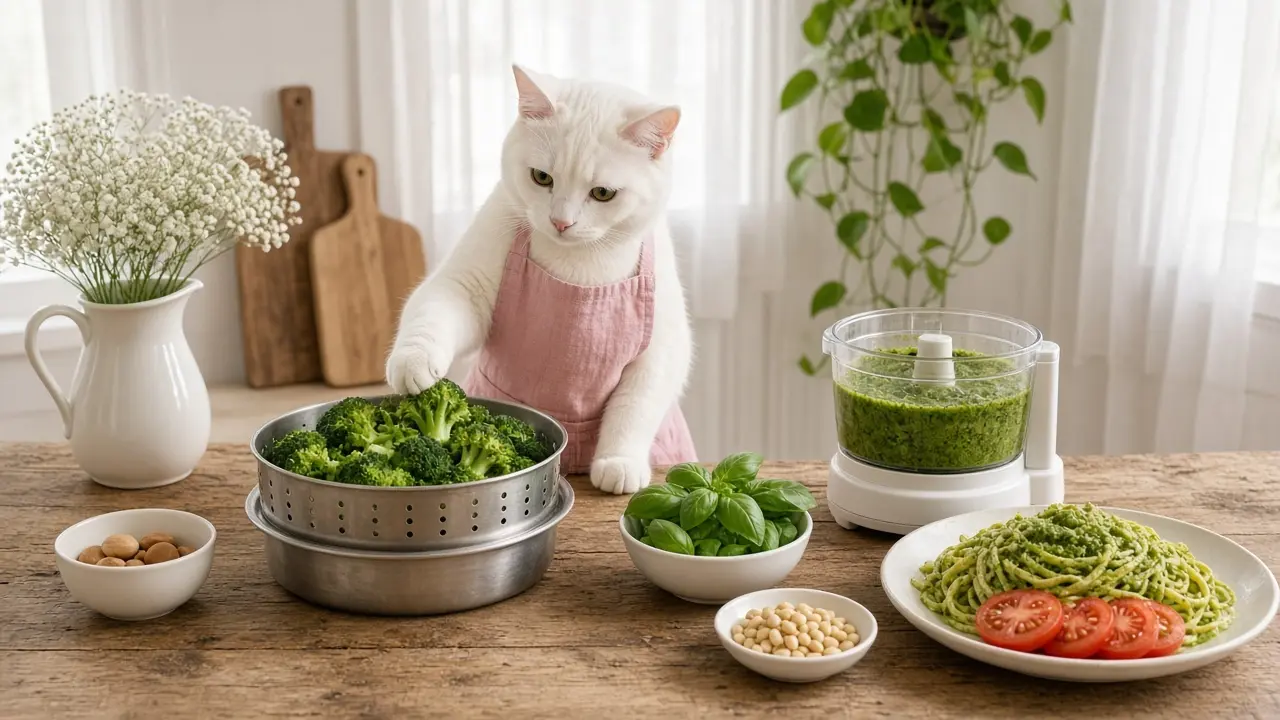 A cream-coloured cat in a pink apron, cooking this dish