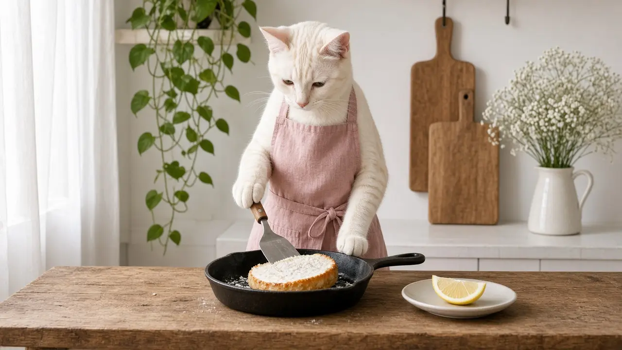 A cream-coloured cat in a pink apron, cooking this dish