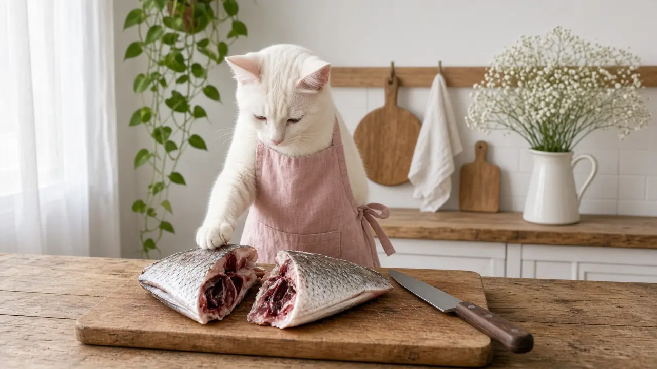 A cream-coloured cat in a pink apron, cooking this dish