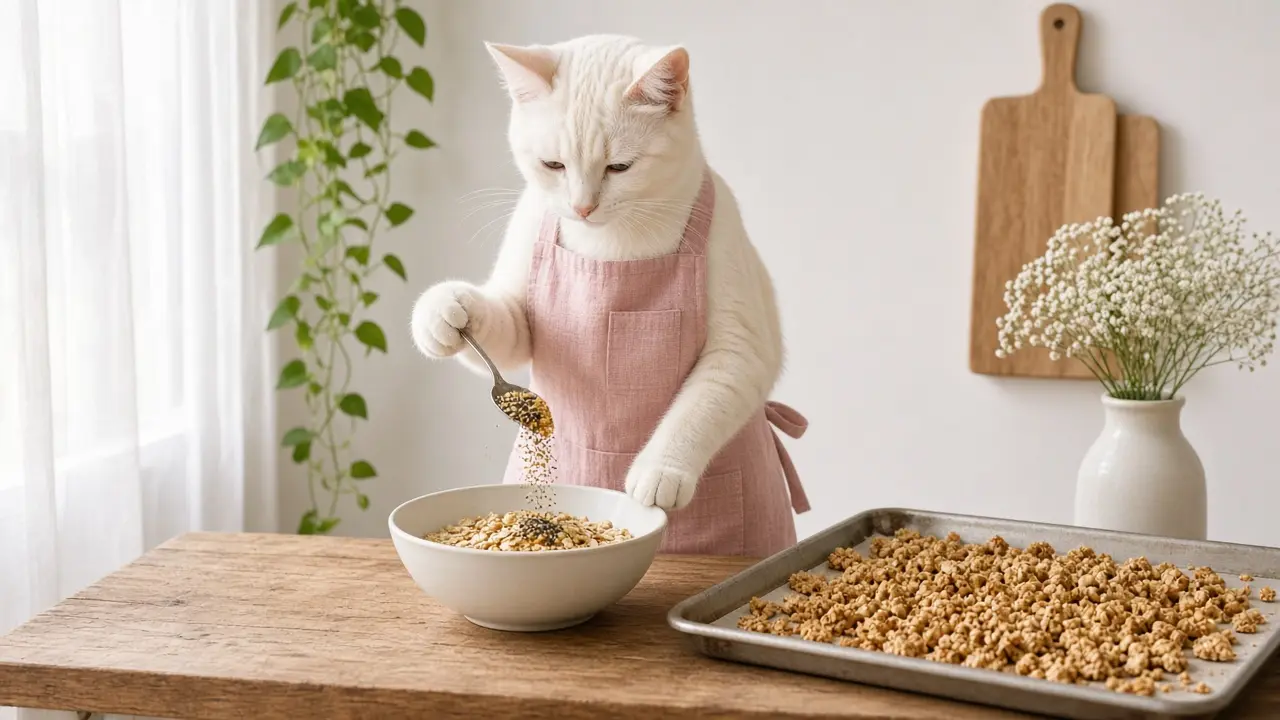 A cream-coloured cat in a pink apron, cooking this dish
