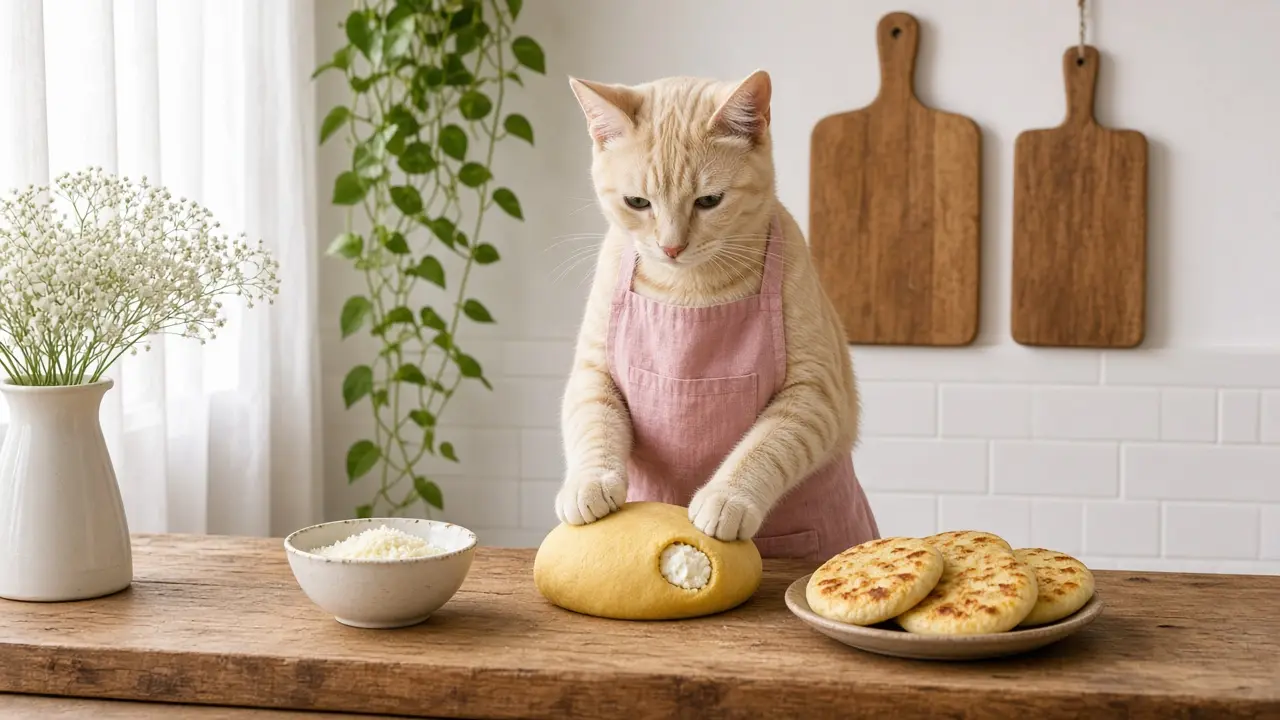 A cream-coloured cat in a pink apron, cooking this dish