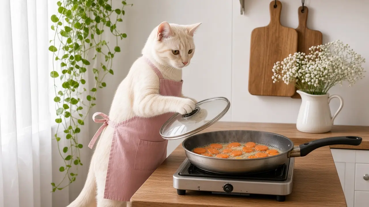 A cream-coloured cat in a pink apron, cooking this dish