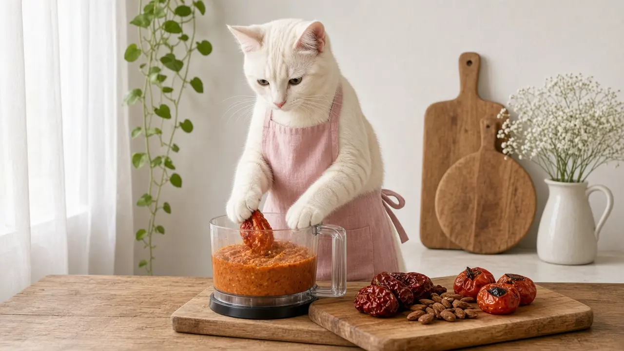 A cream-coloured cat in a pink apron, cooking this dish