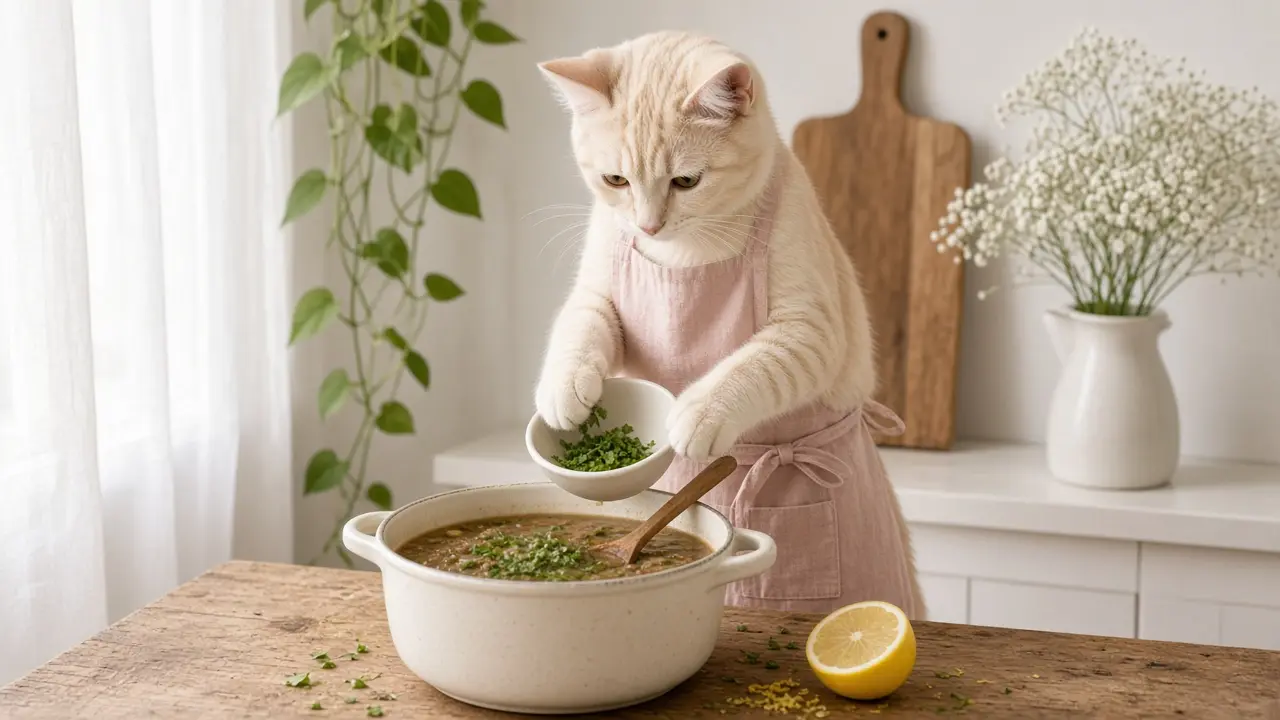 A cream-coloured cat in a pink apron, cooking this dish