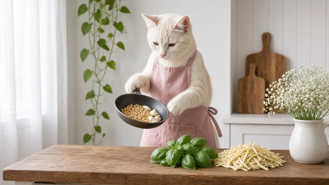 A cream-coloured cat in a pink apron, cooking this dish