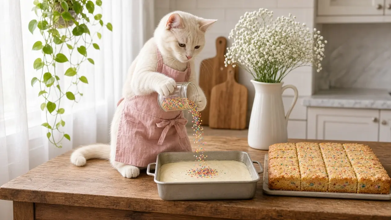 A cream-coloured cat in a pink apron, cooking this dish