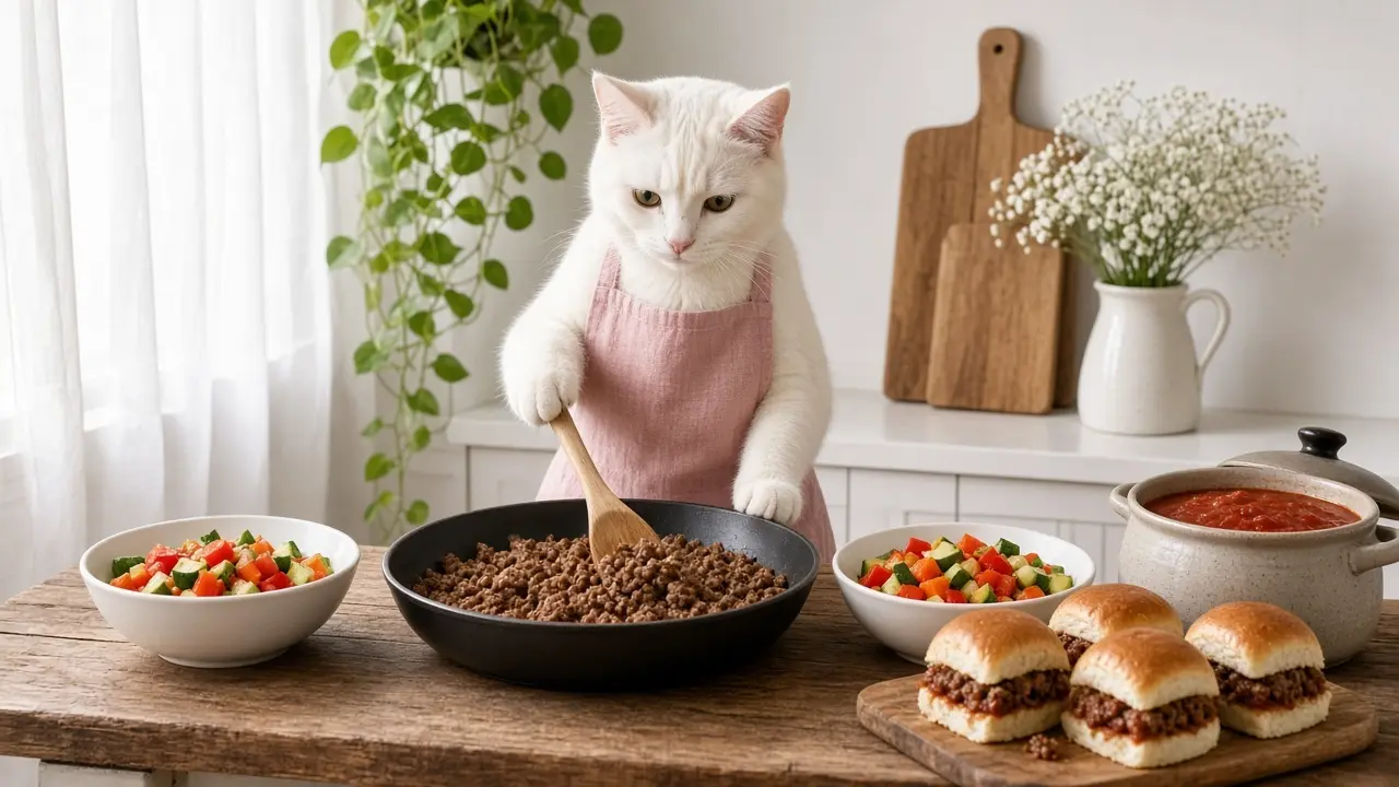 A cream-coloured cat in a pink apron, cooking this dish