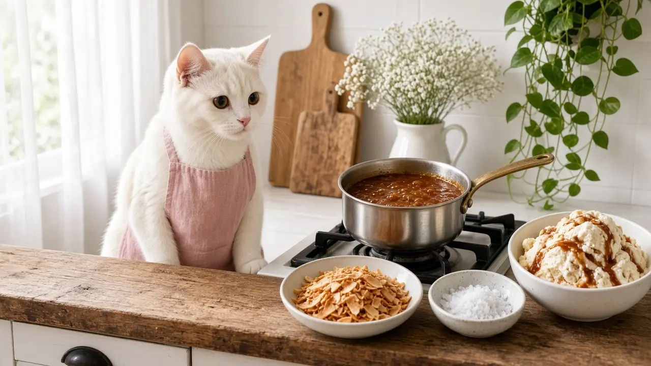 A cream-coloured cat in a pink apron, cooking this dish