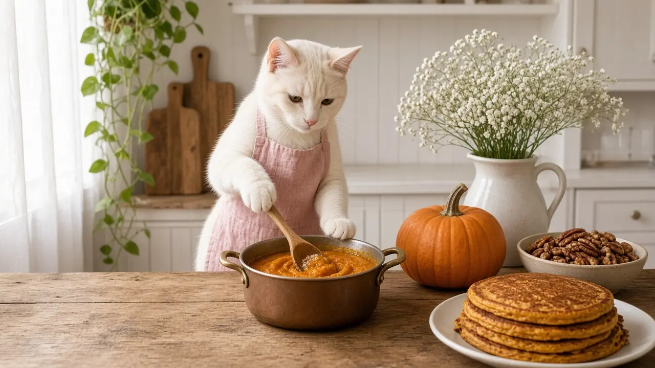 A cream-coloured cat in a pink apron, cooking this dish