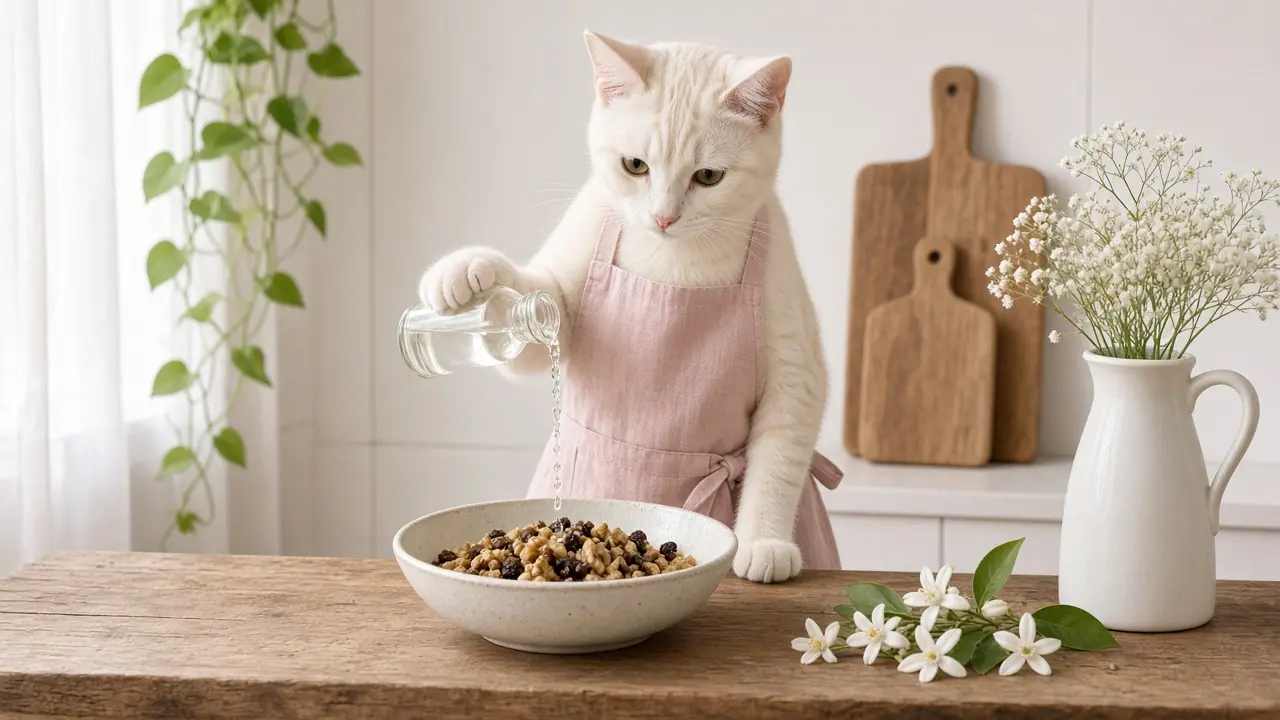 A cream-coloured cat in a pink apron, cooking this dish