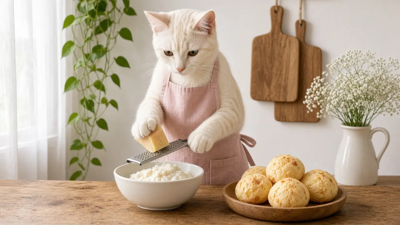 A cream-coloured cat in a pink apron, cooking this dish