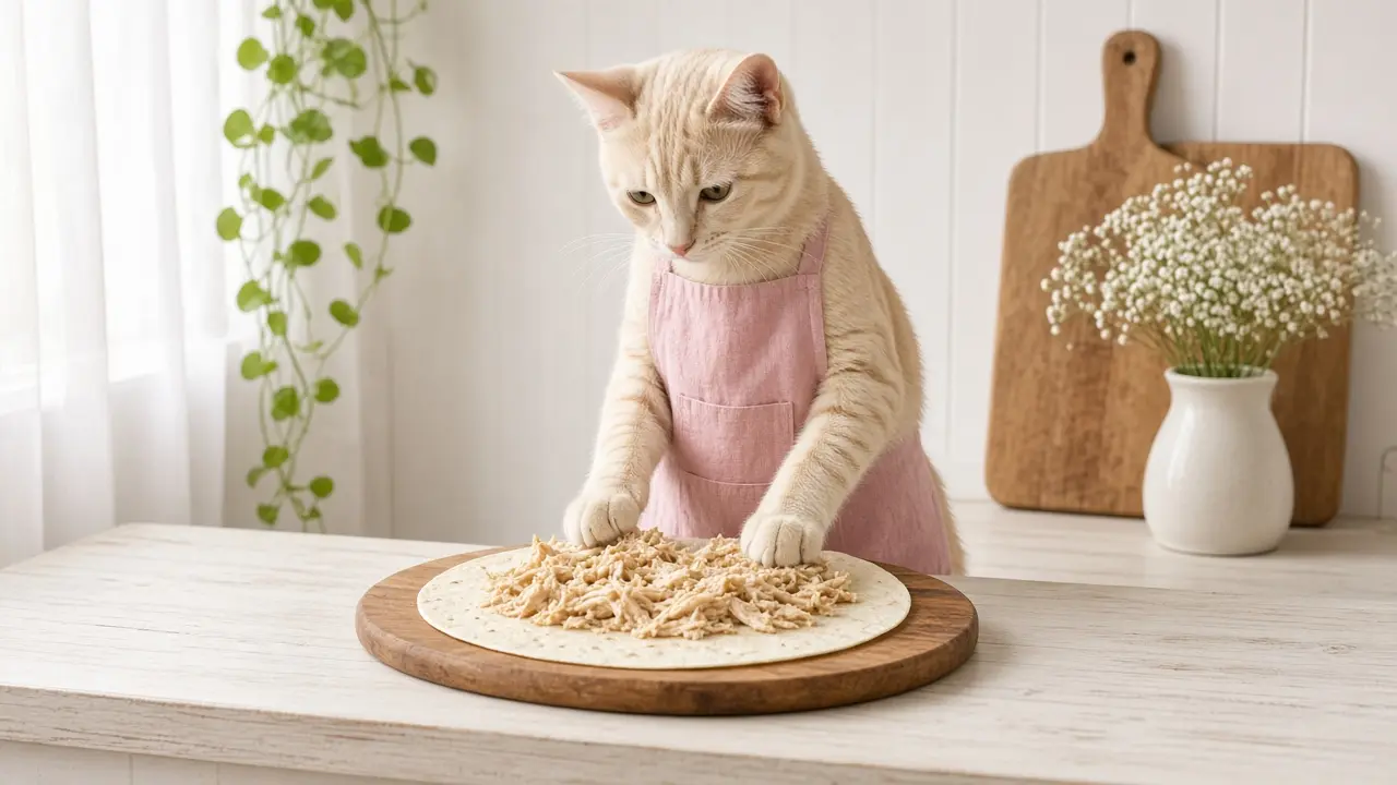 A cream-coloured cat in a pink apron, cooking this dish