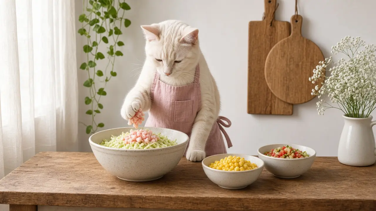 A cream-coloured cat in a pink apron, cooking this dish