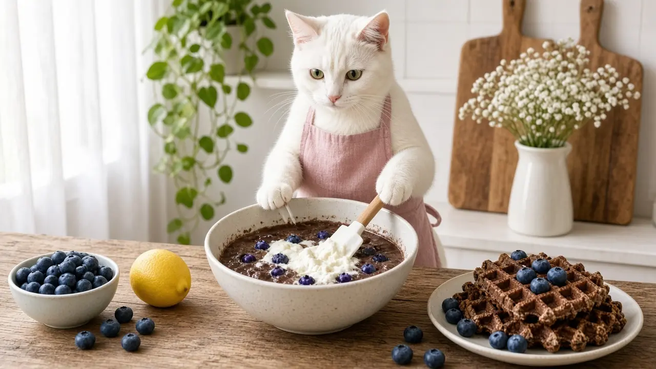 A cream-coloured cat in a pink apron, cooking this dish