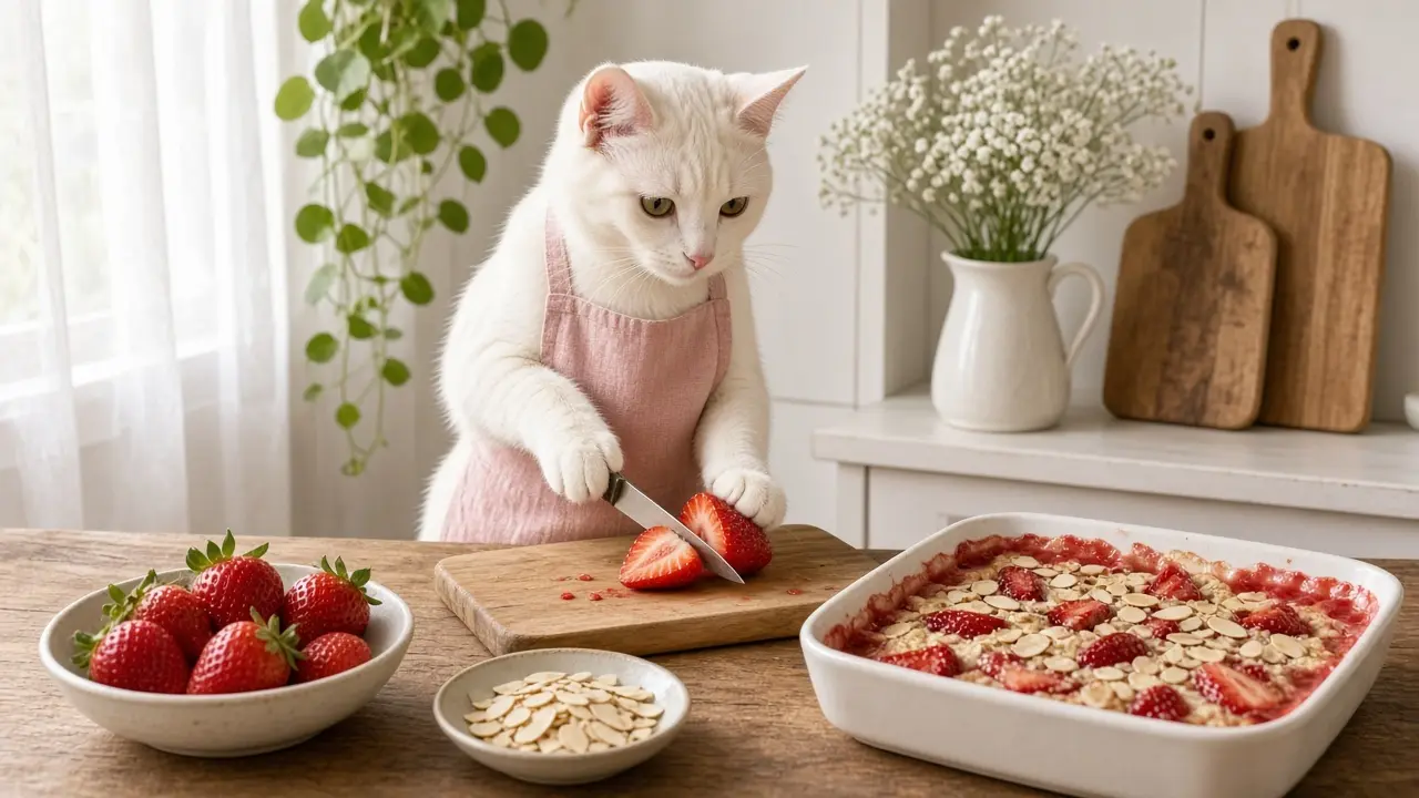 A cream-coloured cat in a pink apron, cooking this dish