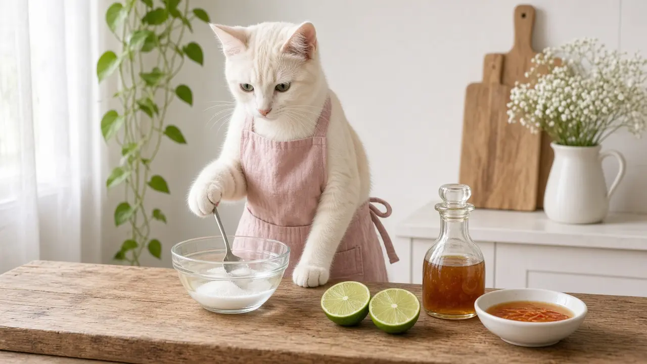 A cream-coloured cat in a pink apron, cooking this dish