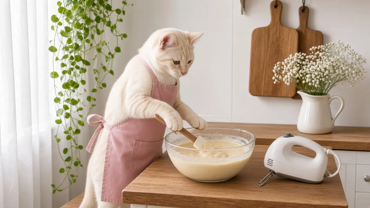 A cream-coloured cat in a pink apron, cooking this dish
