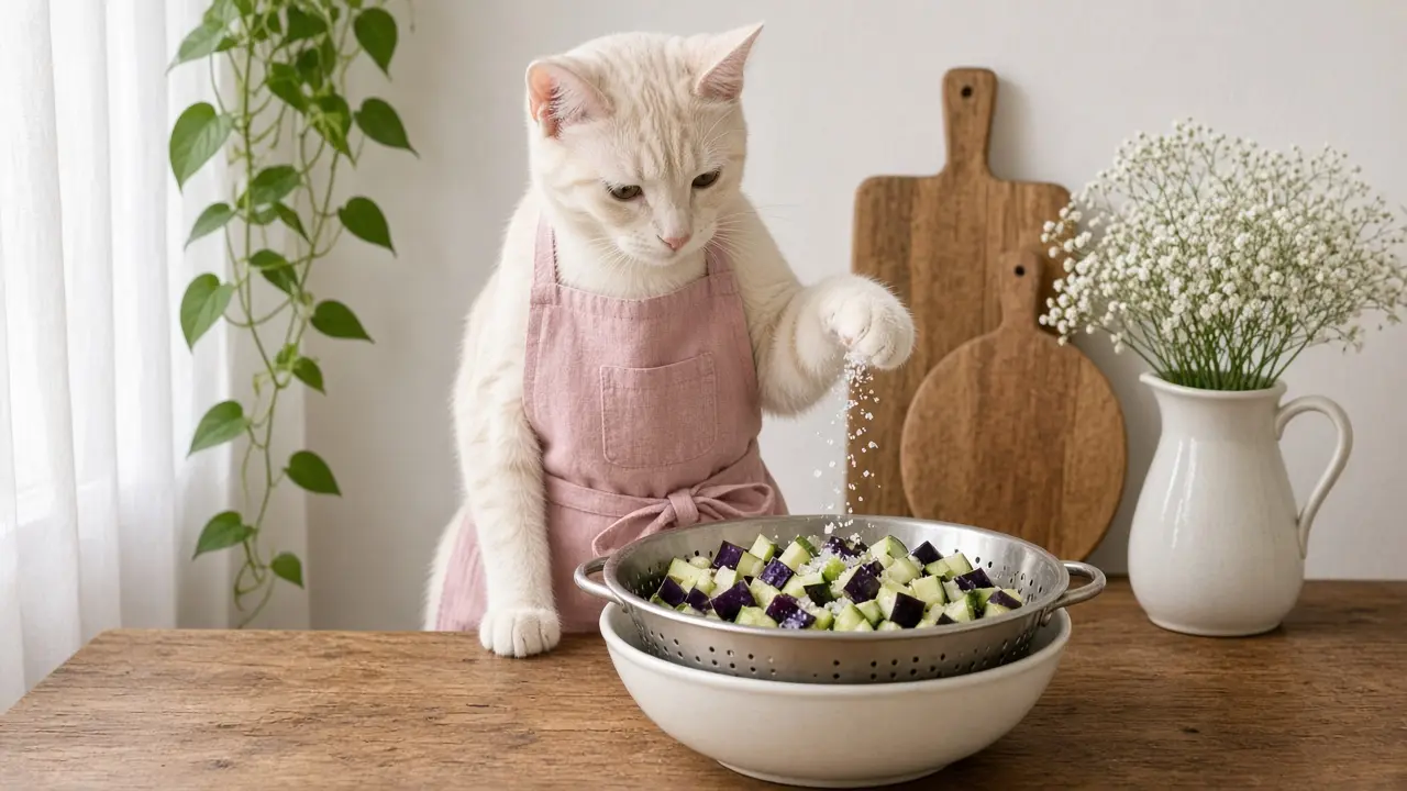 A cream-coloured cat in a pink apron, cooking this dish