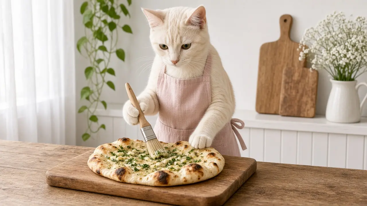A cream-coloured cat in a pink apron, cooking this dish