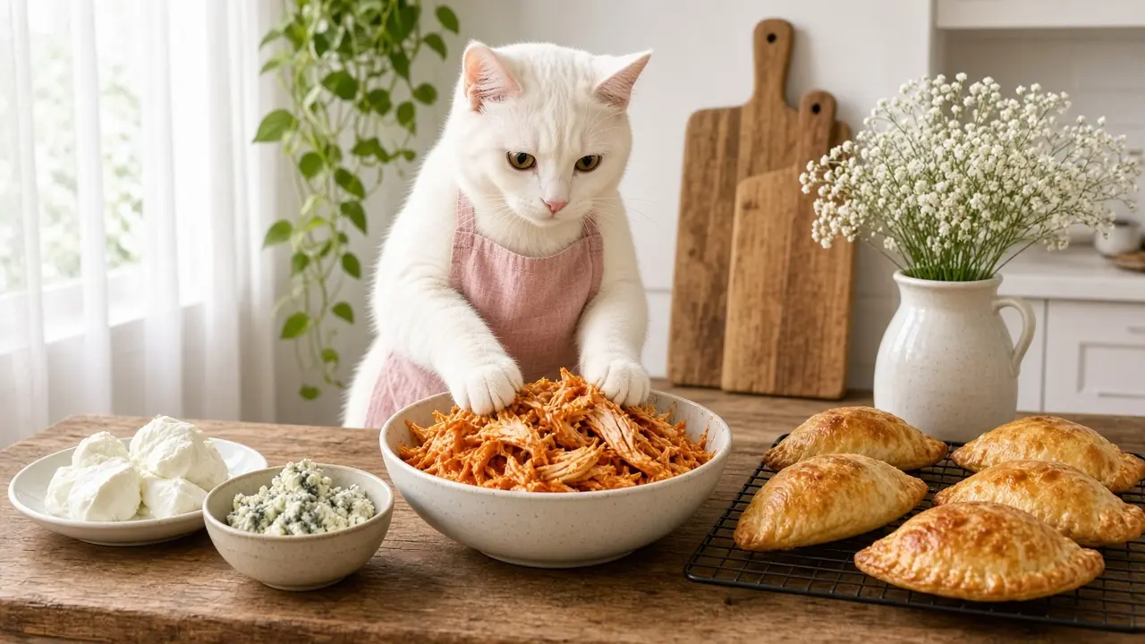 A cream-coloured cat in a pink apron, cooking this dish