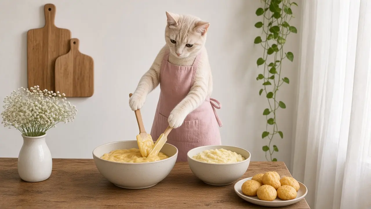 A cream-coloured cat in a pink apron, cooking this dish