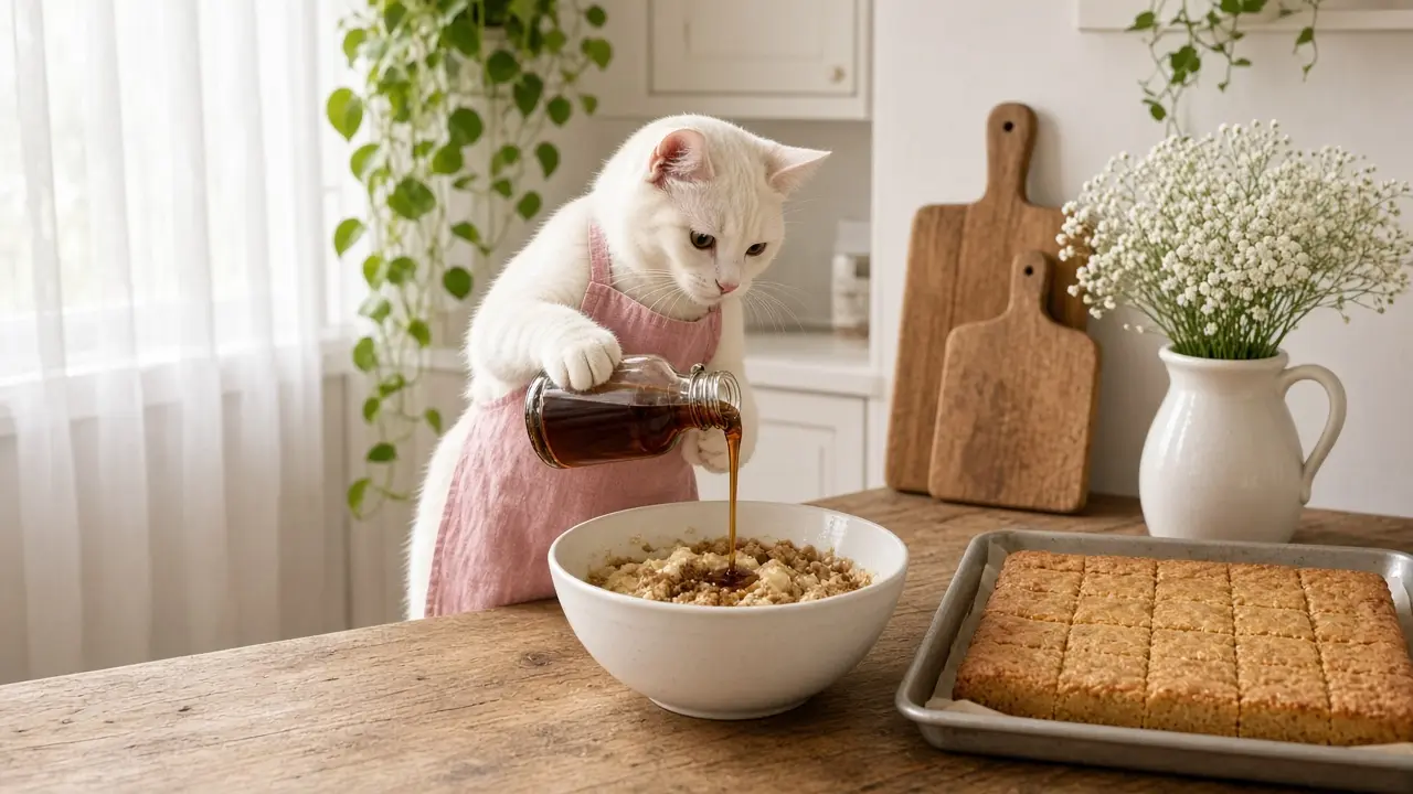 A cream-coloured cat in a pink apron, cooking this dish