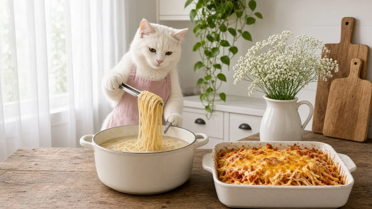 A cream-coloured cat in a pink apron, cooking this dish
