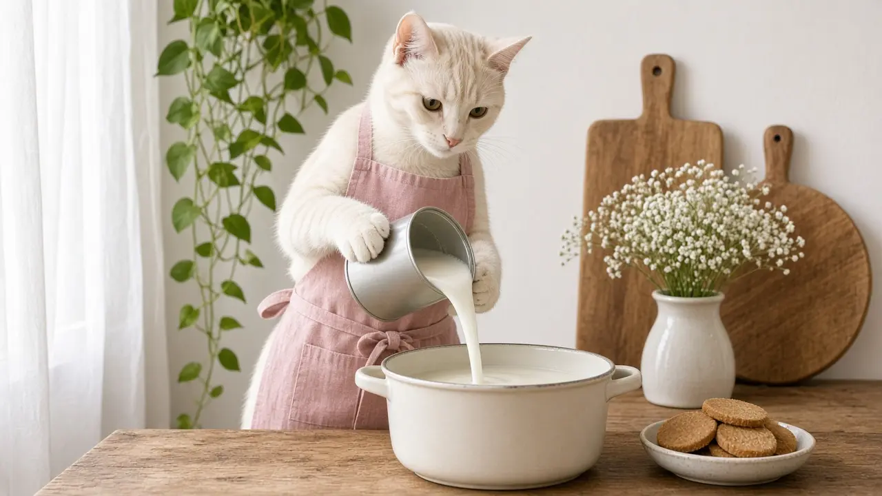 A cream-coloured cat in a pink apron, cooking this dish