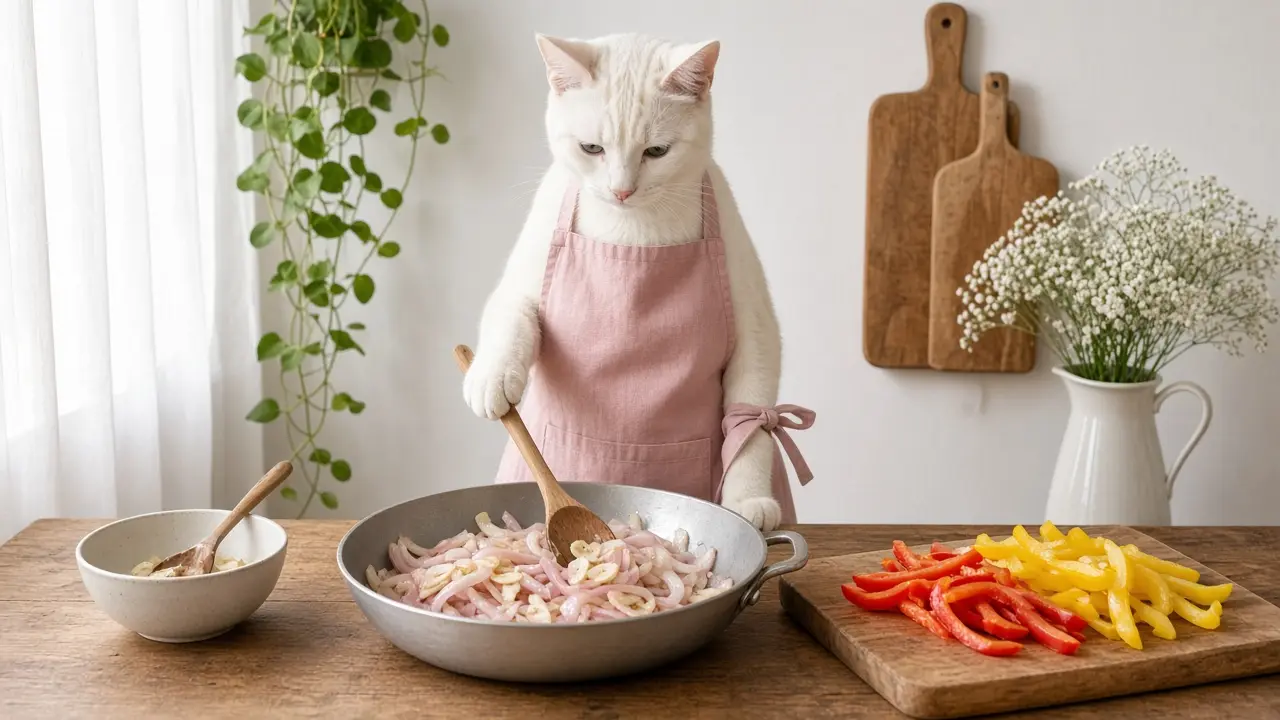 A cream-coloured cat in a pink apron, cooking this dish