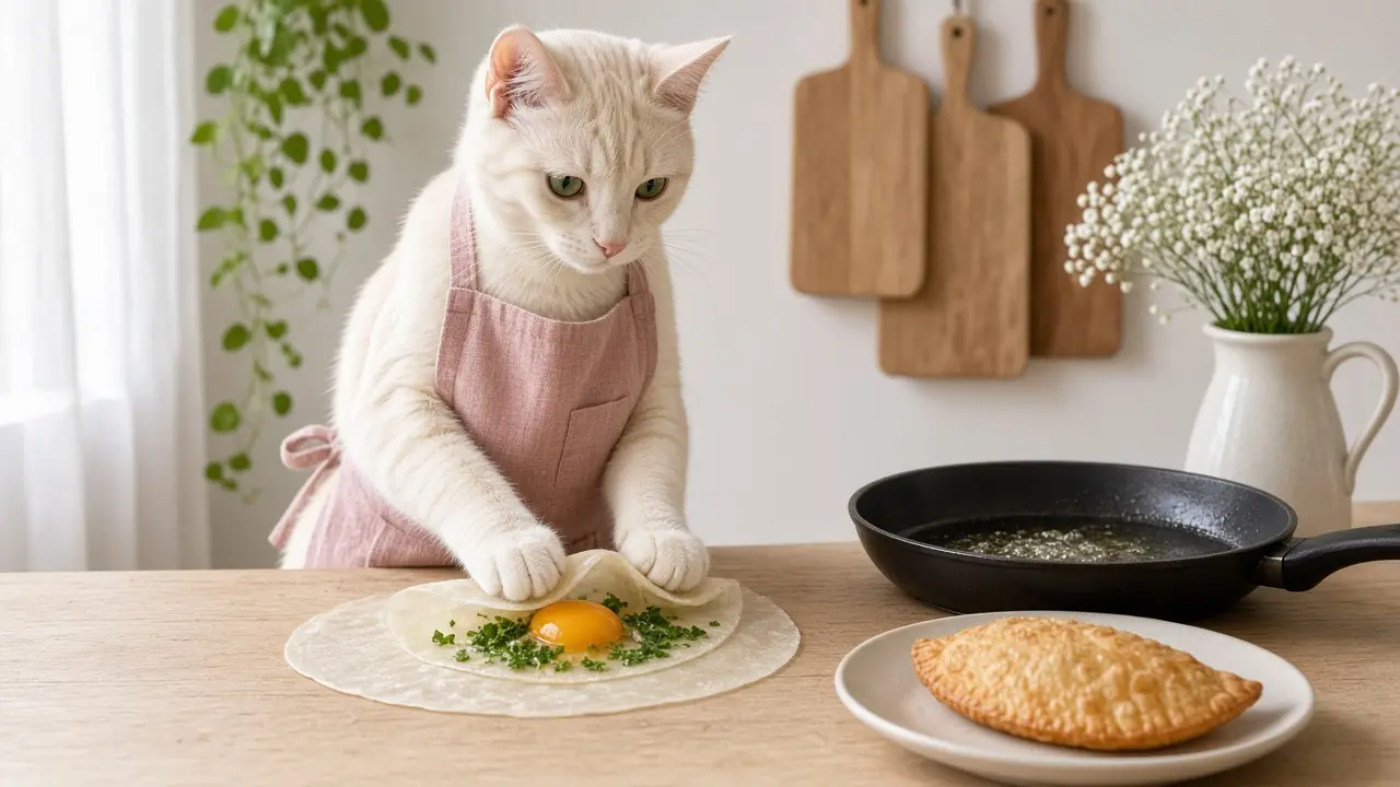 A cream-coloured cat in a pink apron, cooking this dish
