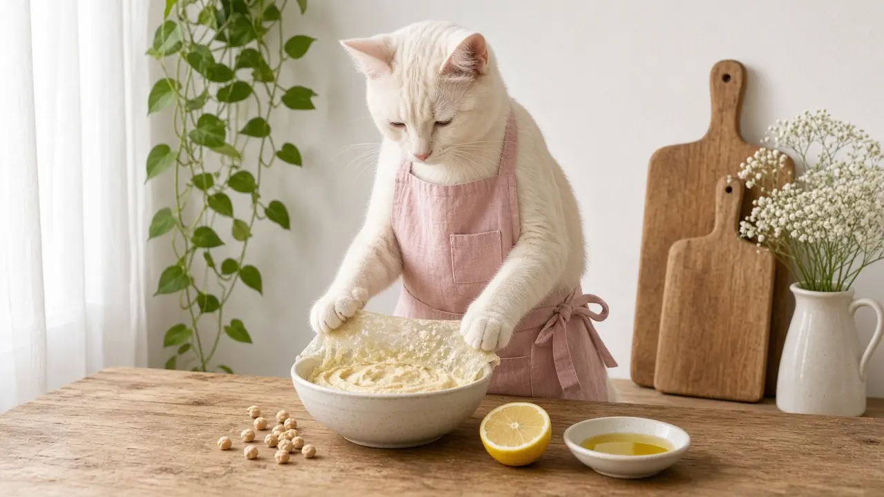 A cream-coloured cat in a pink apron, cooking this dish
