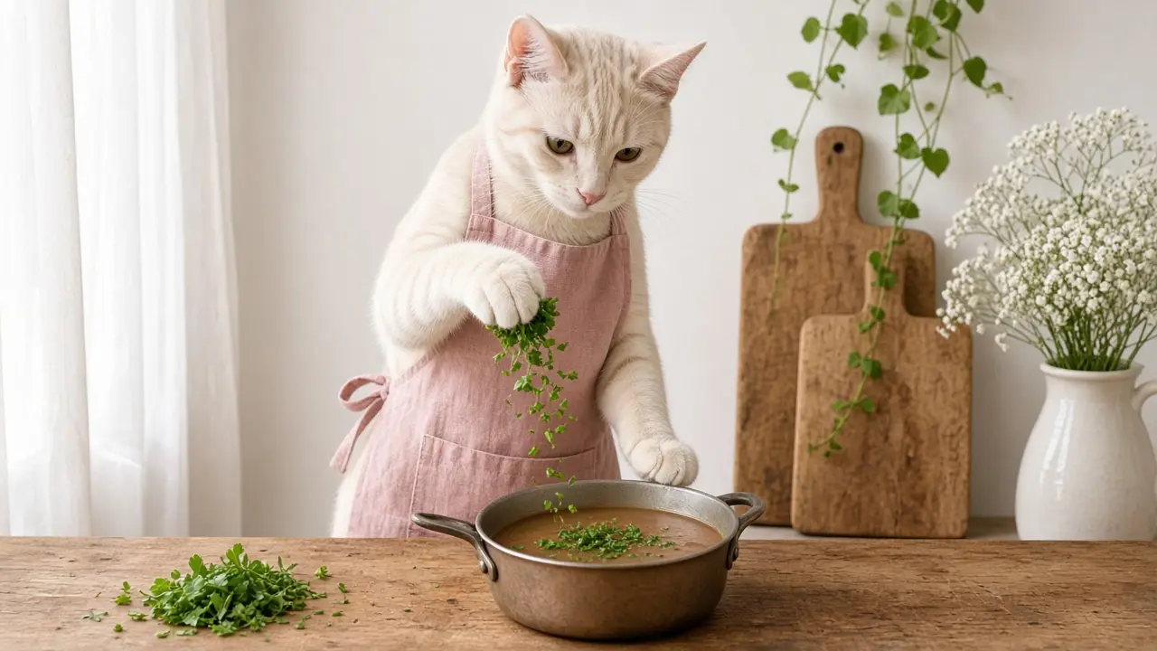 A cream-coloured cat in a pink apron, cooking this dish