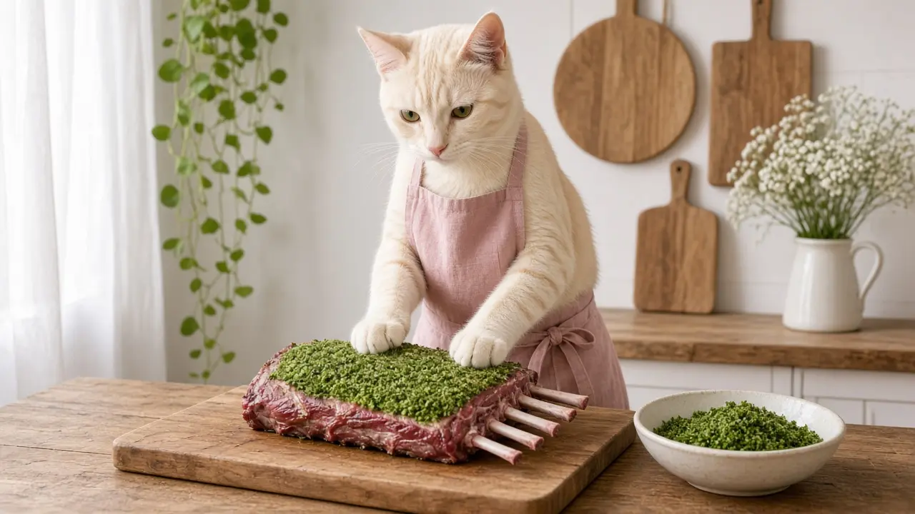 A cream-coloured cat in a pink apron, cooking this dish