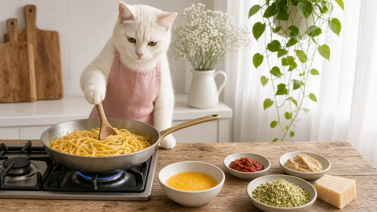 A cream-coloured cat in a pink apron, cooking this dish