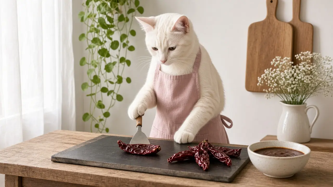 A cream-coloured cat in a pink apron, cooking this dish