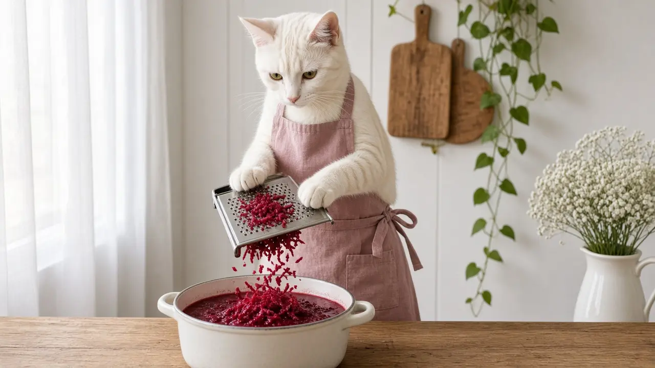 A cream-coloured cat in a pink apron, cooking this dish