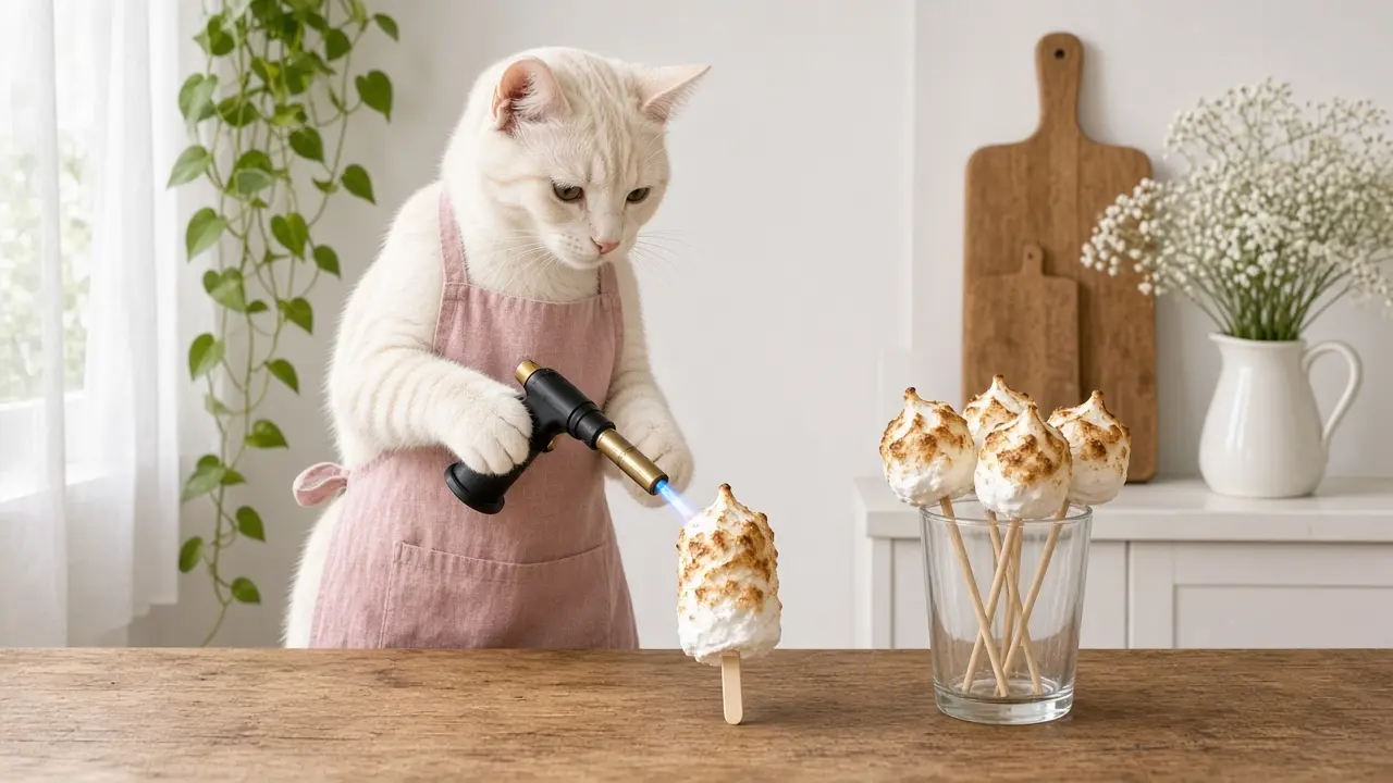 A cream-coloured cat in a pink apron, cooking this dish
